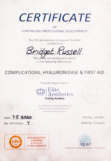 Complications, Hyaluronidase and Fiirst Aid Certificate