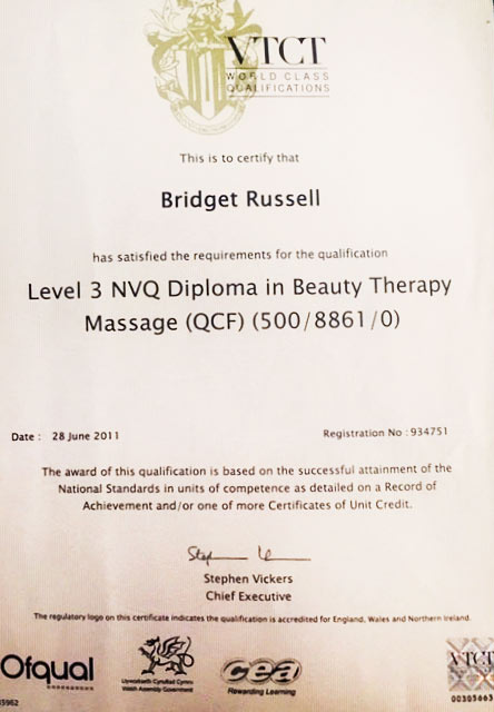 Certificate: Level 3 NVQ Diploma in Beauty Therapy Massage
